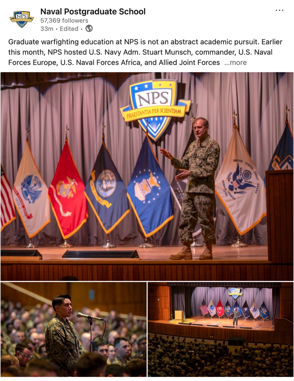 US Navy Admiral Stuart Munsch speaks to NPS students